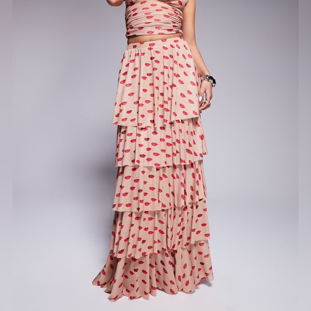 NWT AFRM Size XL Jace Ruffle Maxi Tiered Skirt in Almond Kiss Print
